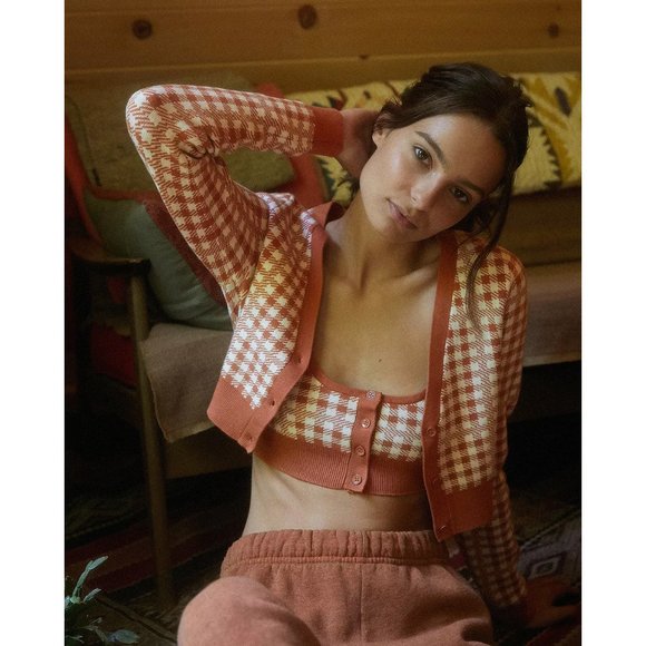 NWT Urban Outfitters Coral Orange "Pamela" Plaid Cardigan Sz S - Picture 2 of 10